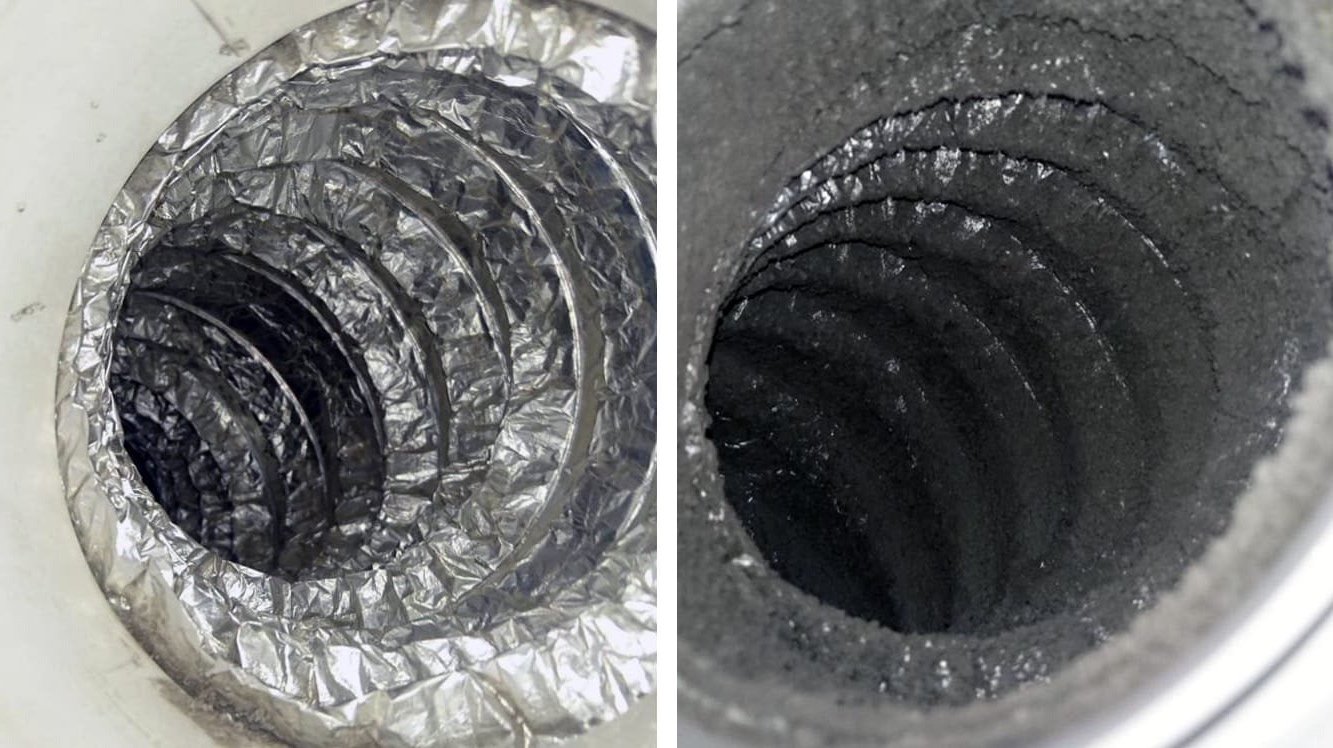 Before and after dryer vent cleaning by DustBusters in Los Angeles — heavy lint removed for fire safety